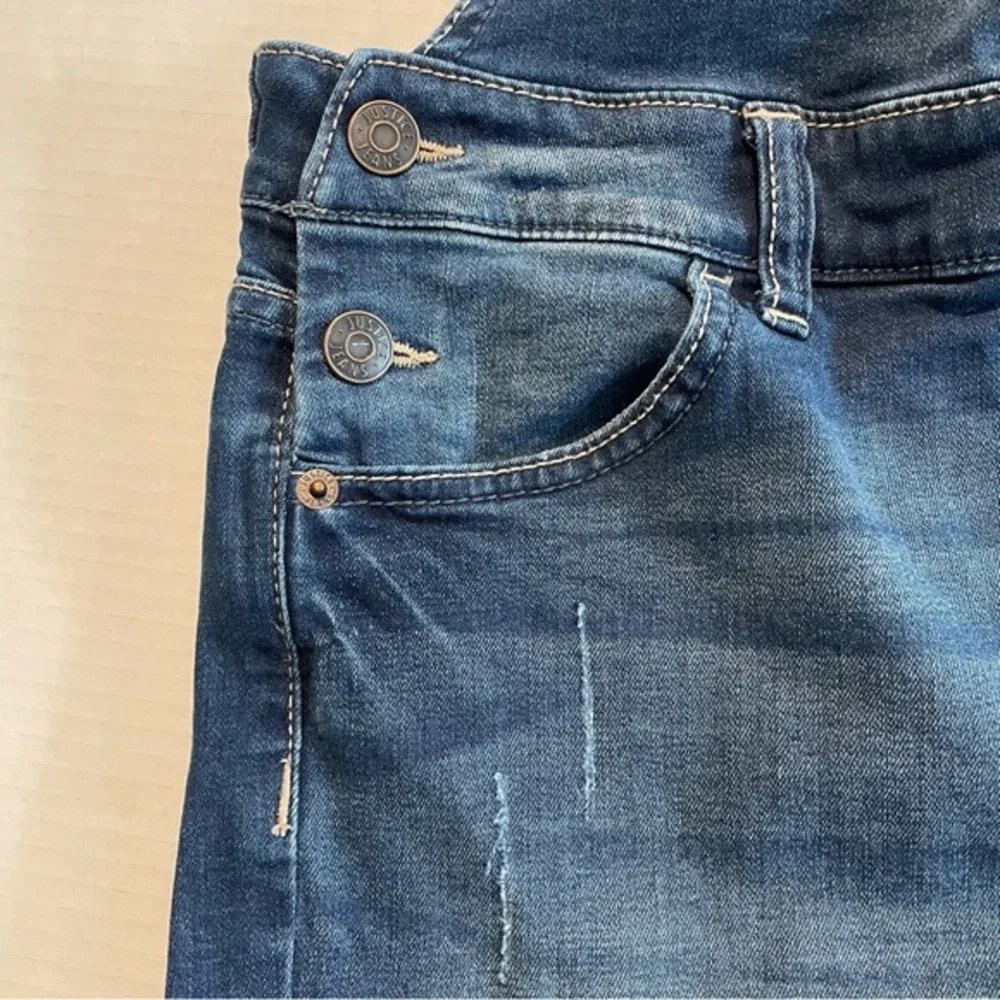 Justice Blue Denim Shortalls Multicolor straps Big Girl Size 18/ Fit Women’s S/M